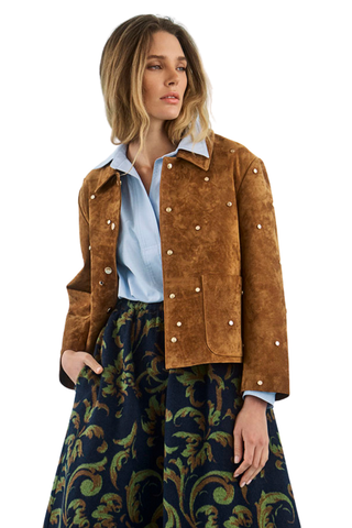 Hunter Bell Hanlin Jacket in Saddle featuring a tonal allover motif, collared neckline, button front, and cropped silhouette.