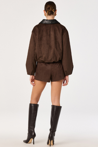 ASTR Raevin Jacket in Espresso featuring a relaxed brown silhouette, collared neckline, long sleeves, and front zip closure.