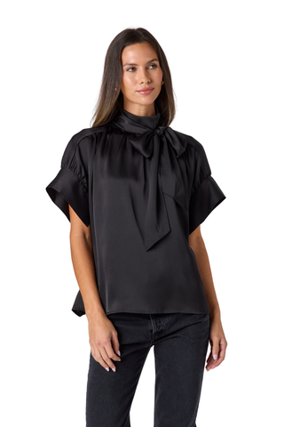 Crosby Lillian Top in Black featuring a high tie neckline, statement short sleeves, and relaxed blouse silhouette.
