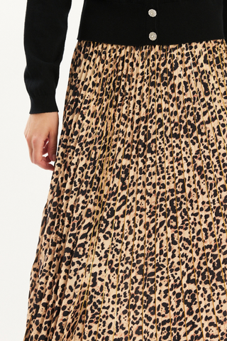 Tyler Boe Cara Animal Print Skirt in Multi featuring a pleated leopard print midi silhouette with subtle metallic detailing.