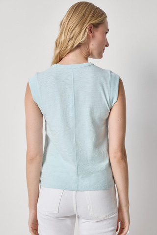 Model wearing the Lilla P Cap Sleeve Crew Tee in Seabreeze featuring soft slub cotton fabric, a classic crew neckline, cap sleeves, and a relaxed fit paired with white denim jeans