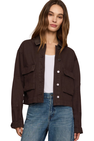 Z Supply Rey Cropped Chore Jacket in Umber featuring a brown cotton body, dark faux leather collar, button front, and utility pockets.