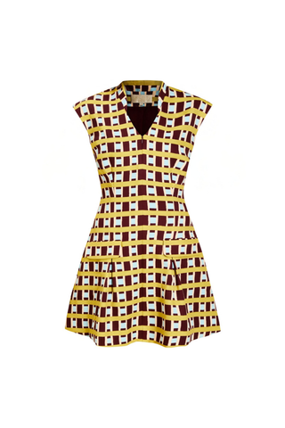 Mestiza Tianna Mini Dress in Morning Gingham featuring a colorful geometric print, V-neckline with mandarin collar, fitted waist, and pleated mini skirt.