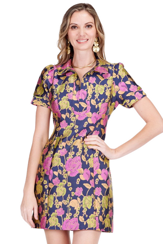 Front Zip Fitted Dress, Vibrant Vines