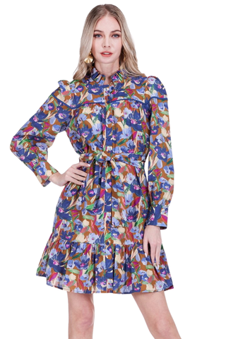 Buttons Flounced Dress, Blue Meadow