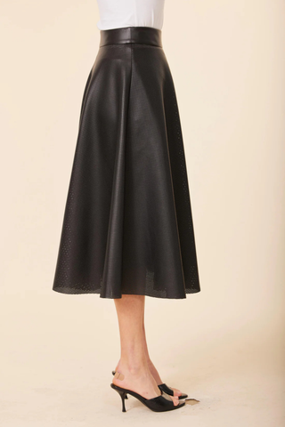 Faux Leather Perforated Skirt, Black