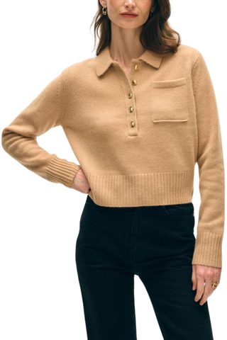 Cashmere Gold Button Polo, Warm Camel