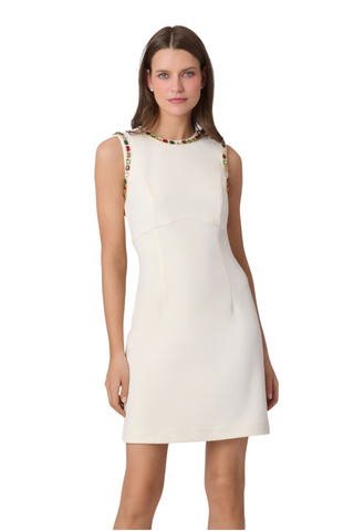 Shoshanna Rosie Dress in Ivory featuring a sleeveless crepe sheath silhouette with jewel embellishments around the neckline and armholes.