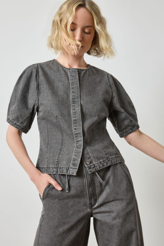 Denim Full Sleeve Seamed Top, Grey Denim