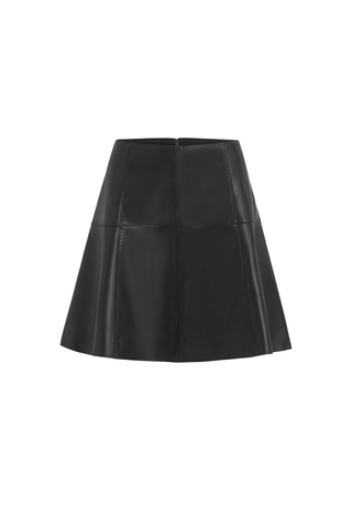Crawford Skirt in Black featuring a fitted vegan leather mini silhouette with subtle pick stitching and a flared A-line hem.