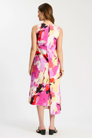 Model wearing Tyler Boe Cynthia Sleeveless Dress in Multi with colorful abstract print, asymmetrical hemline, and sleeveless silhouette