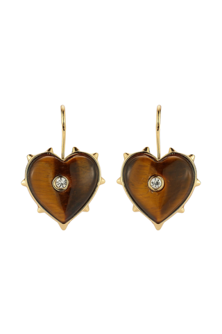 Mignonne Gavigan Porto Earrings in Brown featuring heart-shaped tiger's eye drops with gold-tone settings and small crystal accents.