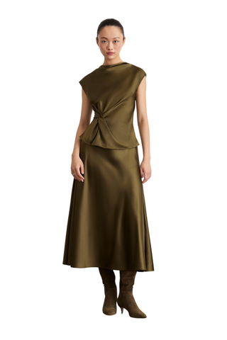 Tanya Taylor Beth Skirt in Fern olive green satin crepe with a flowing bias-cut A-line midi silhouette.