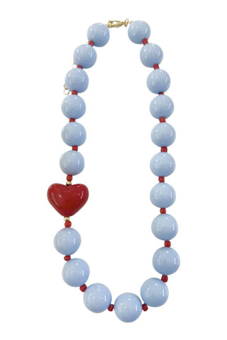 Gemelli Judy Beaded Necklace in Light Blue with pale blue beads and contrasting red heart charm.