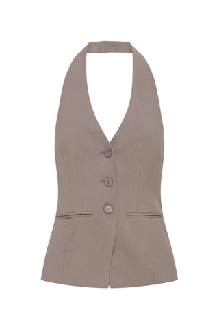 Taupe halter vest with button front and tailored fit by Nude Lucy paired with matching trousers
