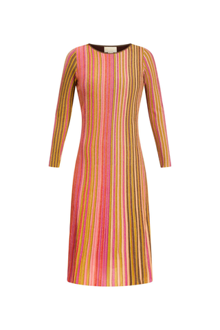 Mestiza James Knit Midi Dress in Sparkling Borealis featuring a multicolor metallic knit, fitted long sleeves, and a softly flared midi skirt.