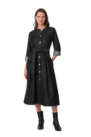 Shoshanna Izzy Dress in jet black featuring a button-front midi silhouette, collared neckline, long sleeves, and waist tie.