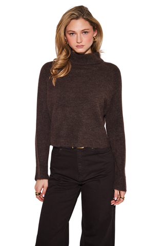 Oliver Sweater in Chocolate featuring a rich brown textured knit, high neckline, and long sleeves.