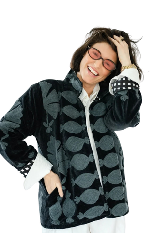 Eleanor James Brand Sgt. Pepper Crew Jacket in Black Betty featuring black velvet with tonal charcoal Suzani embroidery.