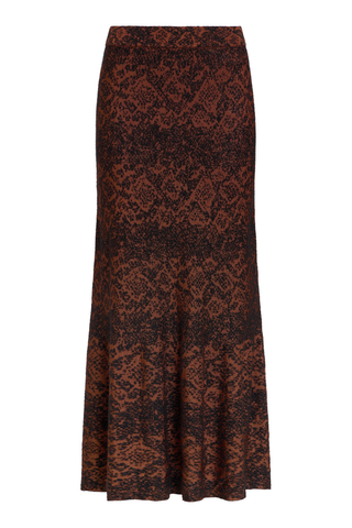 Shiloh Skirt in Oxide featuring a rust and black abstract print, fitted silhouette, and softly flared mermaid hem.
