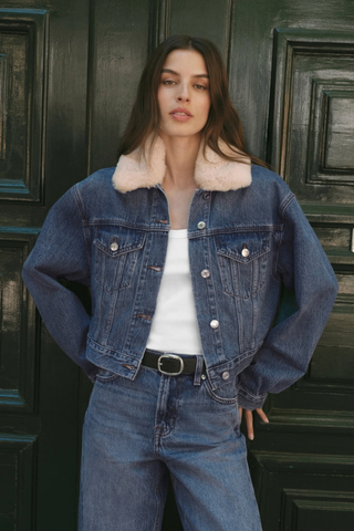 Z Supply Daily Denim Fur Jacket in Hush featuring vintage indigo denim, a cropped silhouette, and removable sherpa collar.