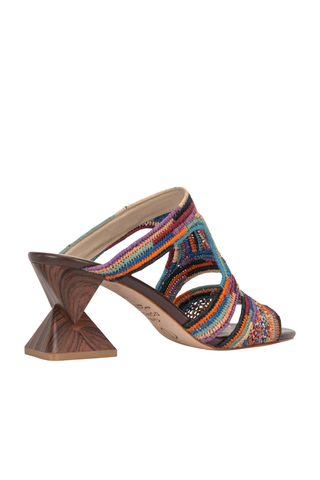 Chris Donovan Glade raffia sandal in multi with colorful woven upper and sculptural dark wood heel