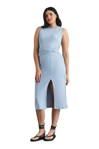 Sleeveless Cody Dress powder blue fitted midi dress with twist waist and front slit from Tanya Taylor