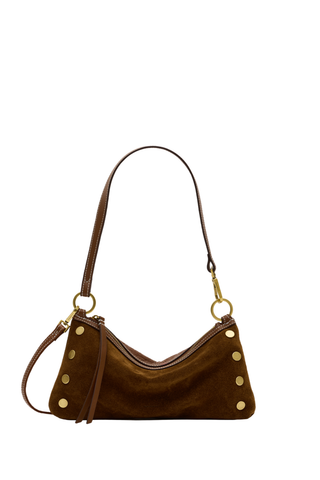 Hammitt Kyle Handbag in Cinnamon Suede with antique gold hardware and brown leather trim, featuring convertible wristlet, shoulder, and crossbody styling.