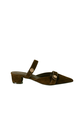 Koko + Palenki Biza Low Heel in Brown Suede, a brown suede pointed toe slingback shoe with a low heel and buckle strap.