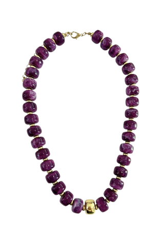 Gemelli Rachel Chunky Beaded Necklace in Plum featuring oversized glossy purple resin beads with gold-tone hardware.