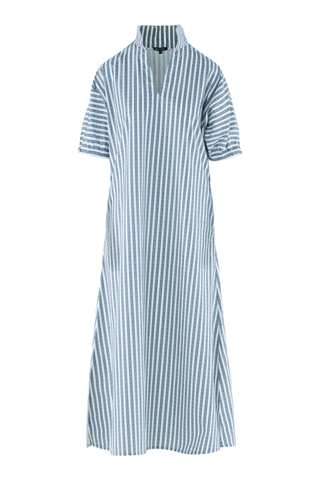 Model wearing the Emily McCarthy Poppy Maxi in Black Stripe with a relaxed maxi-length silhouette.
