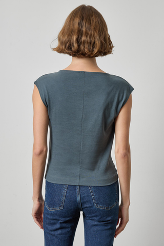 Lilla P Drape Neck Wedge Top in Mineral featuring a soft draped neckline and relaxed short-sleeve silhouette.