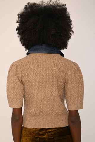 Love the Label Lane Cardigan in Cedar featuring a textured brown knit, dark contrast collar, button front, and short puff sleeves.