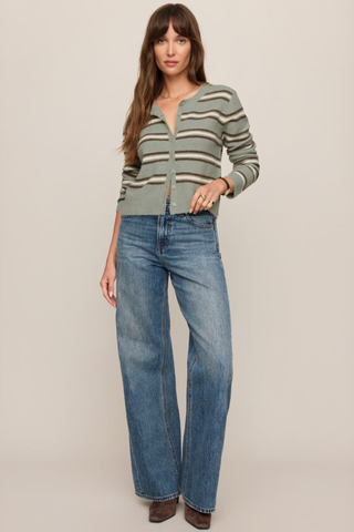 Aqua and cream striped button-front cardigan with long sleeves.