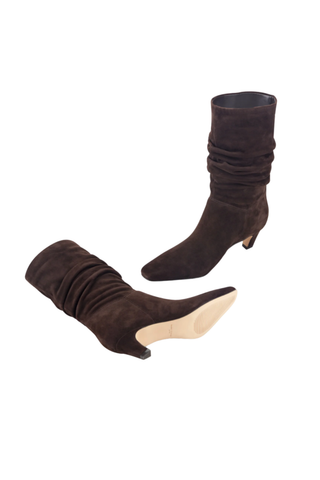 Marc Fisher LTD Dalores Slouch Bootie in dark brown suede featuring a gathered slouchy shaft, pointed snip toe, and low kitten heel.