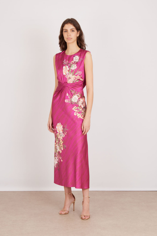 SALONI Gwen Dress in Aster Bouquet featuring a vibrant pink ground, floral detailing, sleeveless bodice, and elegant midi-length skirt.