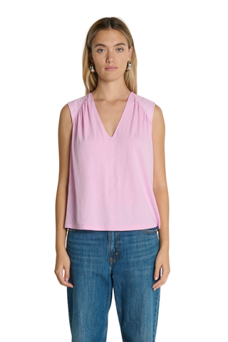Model wearing the Nation LTD Selma V-Neck Tank in Lilac featuring a relaxed silhouette, flattering V-neckline, and lightweight slub Pima cotton knit.
