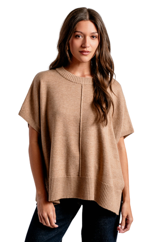 Kerisma Gwyneth Caroline Top in Camel featuring a relaxed poncho-inspired silhouette, crew neckline, and short sleeves.