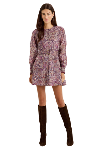 Marie Oliver Hughes Dress in Wisteria featuring a purple paisley print, long sleeves, patch pockets, and optional waist belt.