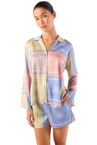 Misa Isme Top in pastel tile print with long sleeves and button front detail