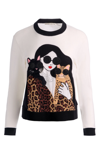 Alice + Olivia Gleeson Staceface Leopard Pullover in soft white with black trim, embellished Staceface graphic, and leopard print details.