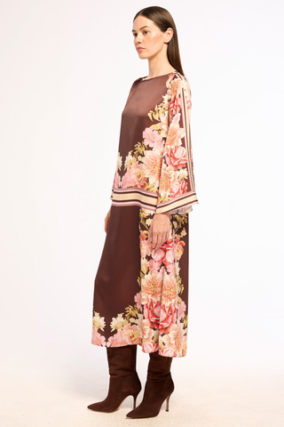 Misa Casey Dress in In Full Bloom, a chocolate brown floral satin midi dress with long flared sleeves, contrast trim, and a removable tie belt.