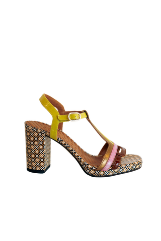 Chie Mihara Peyate sandal in lemon and pink with multicolor straps and patterned heel