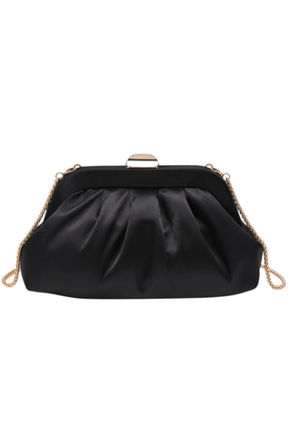 Urban Expressions Winter Clutch in Black with soft pleating, polished metal frame, kiss-lock clasp, and slender chain strap.