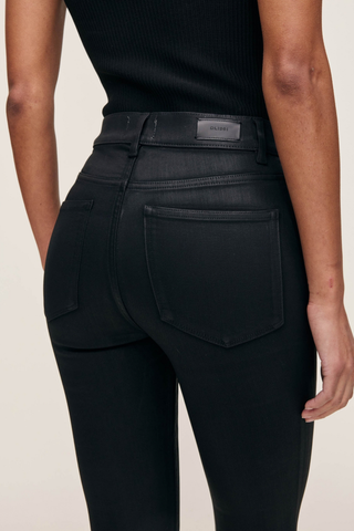 DL1961 Bridget Boot Jean in Black Coated Clean Hem featuring a high-rise fit, cropped bootcut leg, and sleek black coated finish.