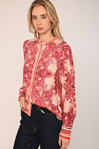 Love the Label Novalie Top in Hearts In Tandem Print featuring a red and pink heart-inspired print with long sleeves and feminine detailing.