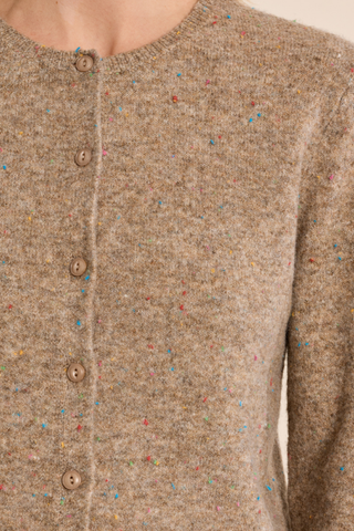 Molly Bracken Knitted Cardigan in camel with long sleeves, round neckline, and button-front closure.