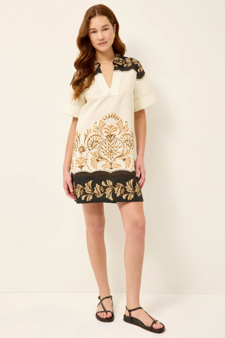 Marie Oliver Dede Dress in Fleuron with polo collar, tailored silhouette, and Mediterranean tile-inspired placement print in cream, tan, and black