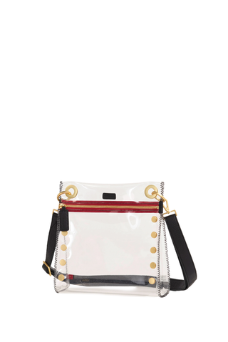 Hammitt Tony Med Clear Bag featuring a transparent rectangular body, black trim, adjustable strap, and polished hardware.
