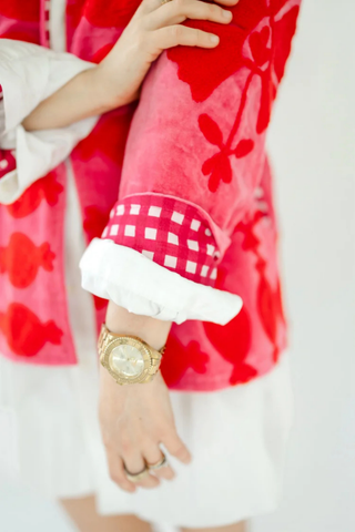 Eleanor James Brand Sgt. Pepper Crew Jacket in Cherrybomb red velvet with bold pink Suzani embroidery.
